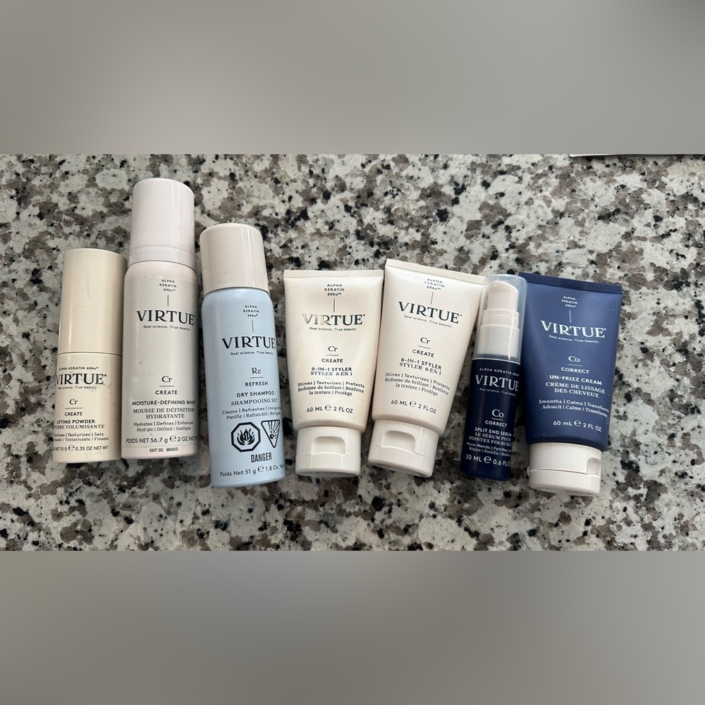 Virtue travel bundle 6in1 styler, moisture whip, in frizz cream